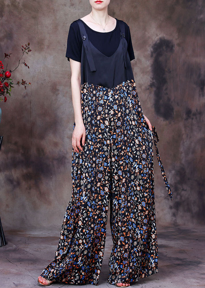 Black Patchwork Print Pockets Silk Overalls Jumpsuit Two Pieces Set Summer