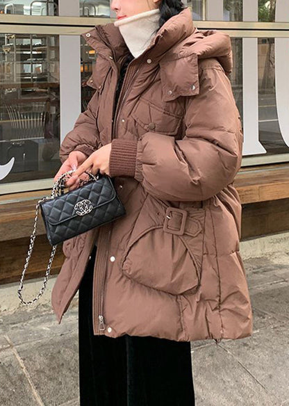 Red Zip Up Drawstring Pockets Duck Down Hooded Coat Winter