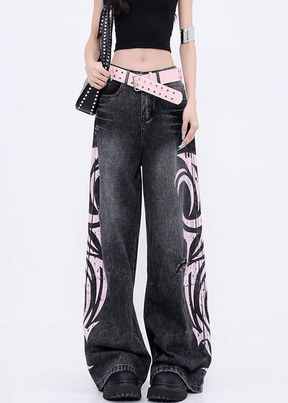Boutique Black Graffiti Pockets Denim Wide Leg Pants Fall