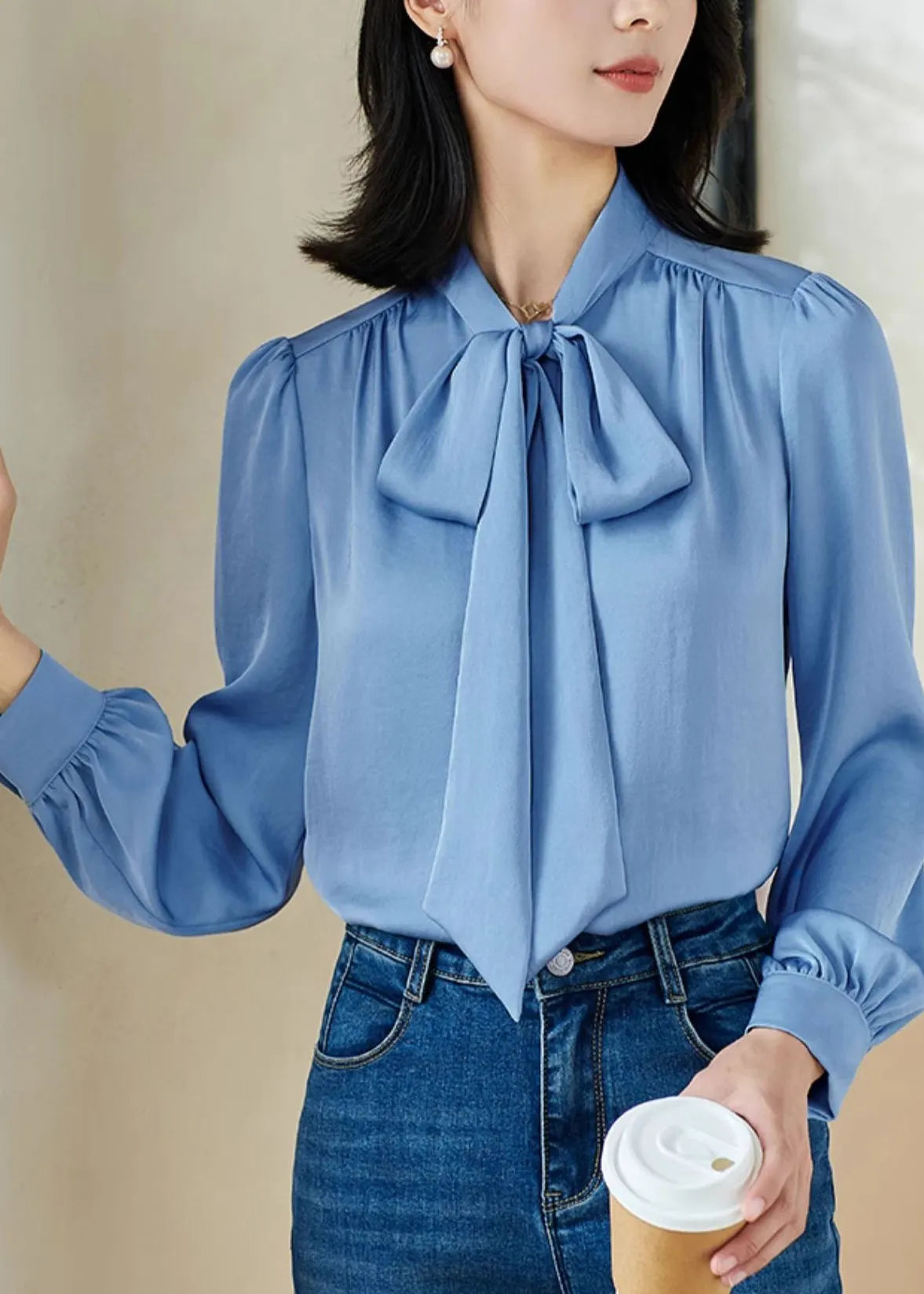 Stylish Blue Bow Patchwork Shirt Fall