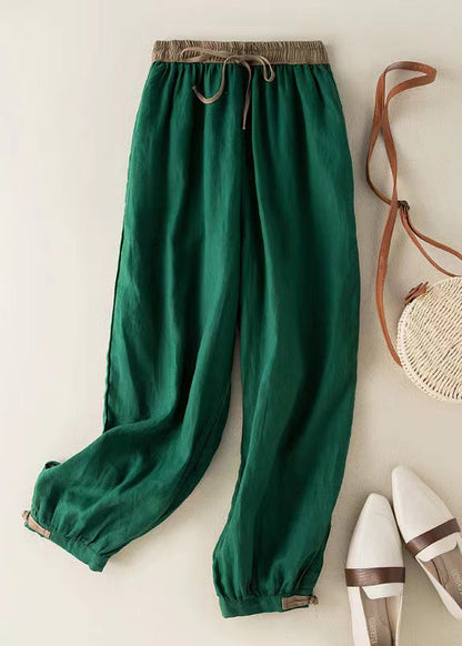 Green Elastic Waist Thin Linen Crop Pants Summer