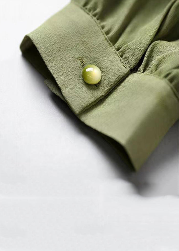 Army Green O Neck High Waist Patchwork Chiffon Dresses Fall