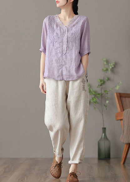 Purple V Neck Embroideried Linen Blouse Tops Half Sleeve
