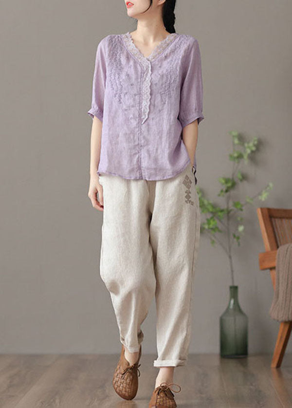 Purple V Neck Embroideried Linen Blouse Tops Half Sleeve