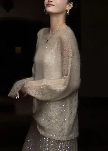 Champagne Color O Neck Sequins Thin Knit Top Fall