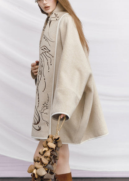 Beige Embroidered Tie Waist Woolen Coats Winter