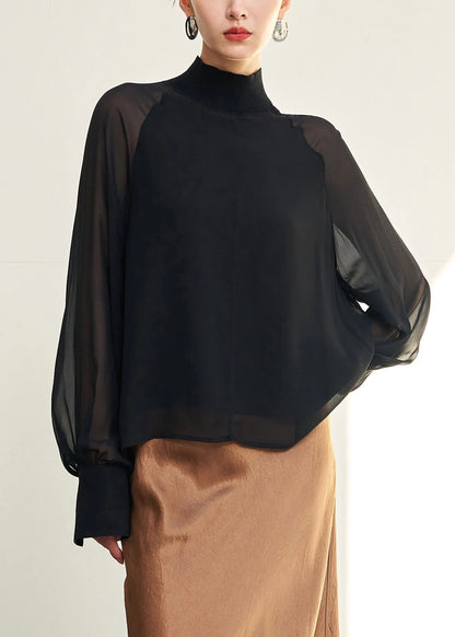 Loose Black Turtleneck Thin Silk Shirt Fall