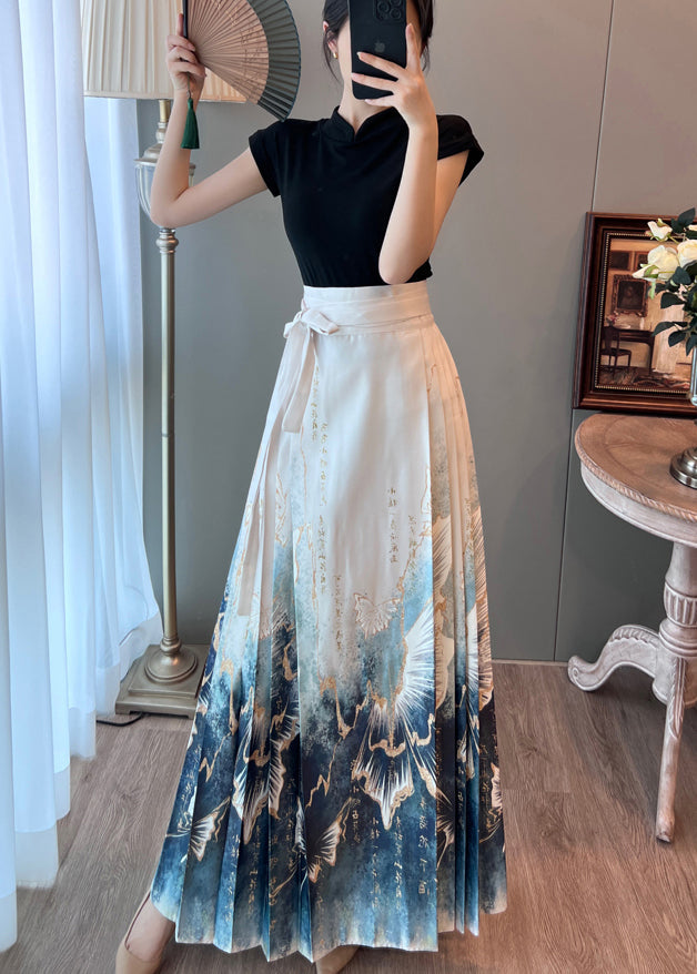 White High Waist Print Satin Pleated Skirts Summer