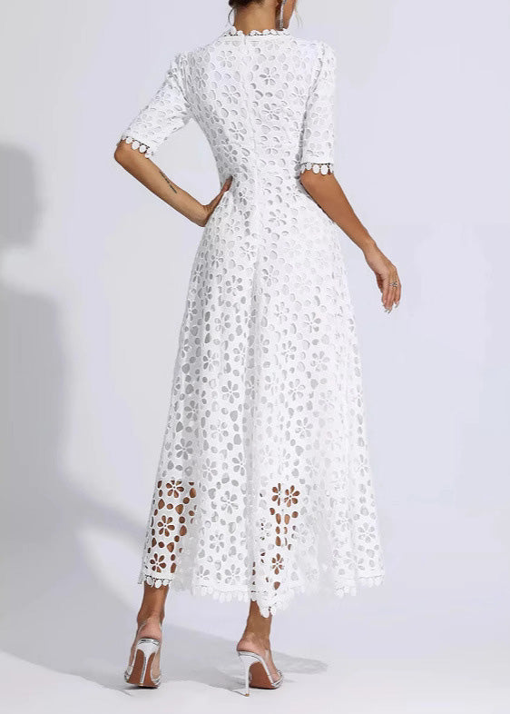 White V Neck Hollow Out Lace Dress Summer