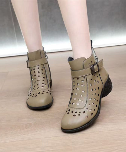 Black Cowhide Leather Hollow Out Splicing Chunky Boots