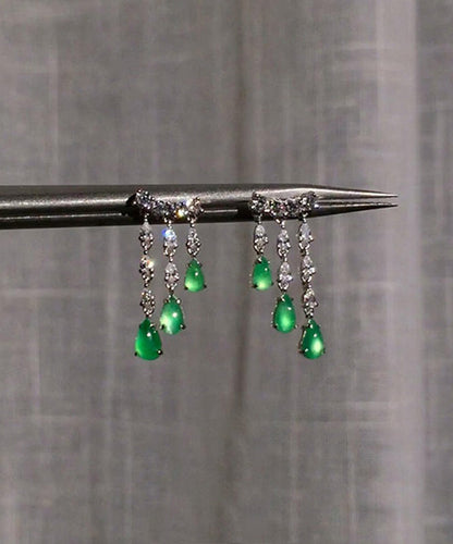 Green Sterling Silver Chalcedony Water Drop Tassel Drop Earrings