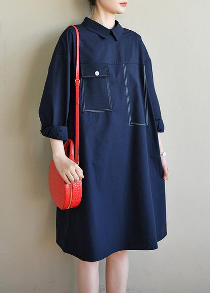 Navy Long Sleeve Peter Pan Collar Cotton Spring Dresses