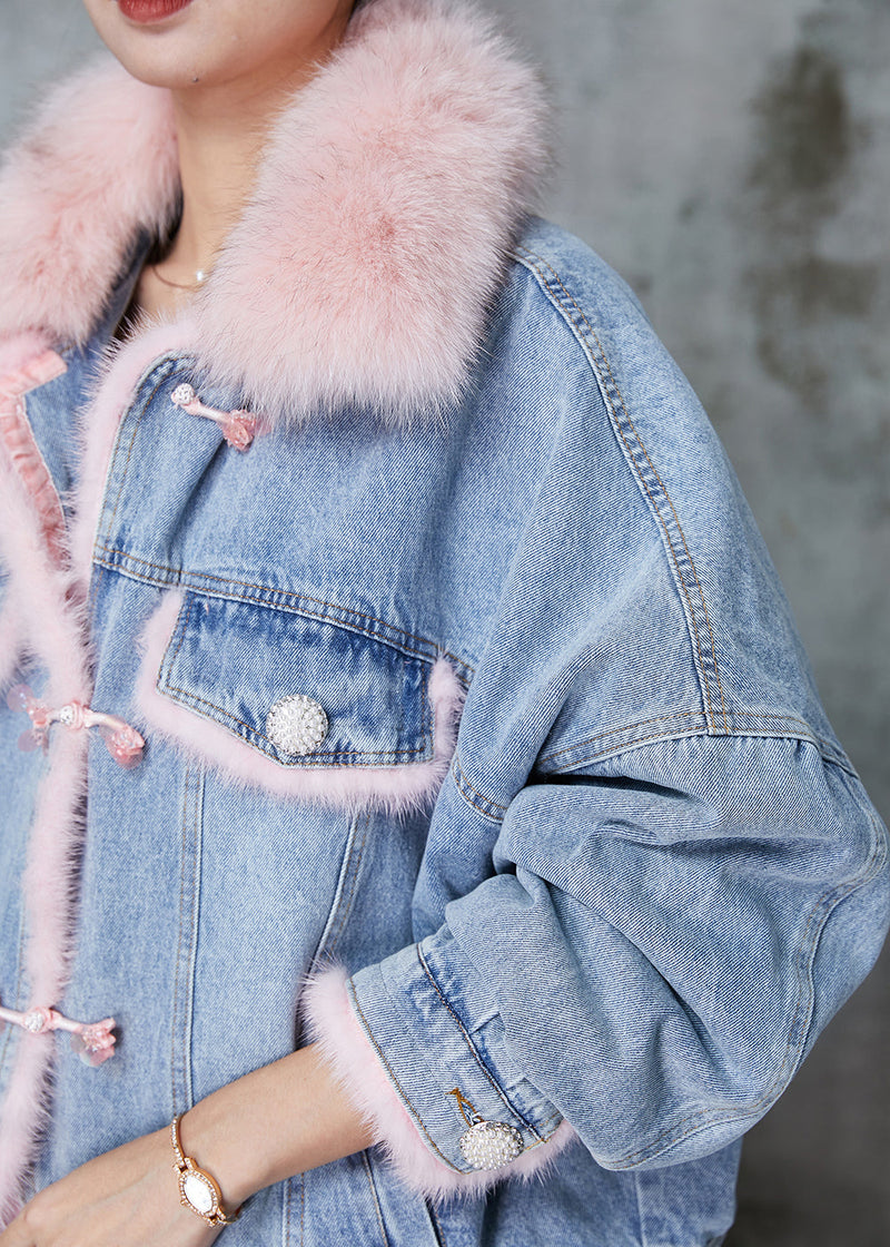 Blue Raccoon Hair Collar Patchwork Fine Cotton Filled Denim Jackets Winter