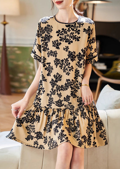 Apricot O-neck Print Patchwork Chiffon Mid Dress Summer