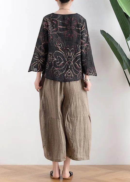 Black Print Asymmetrical Designlinen Summer Tops