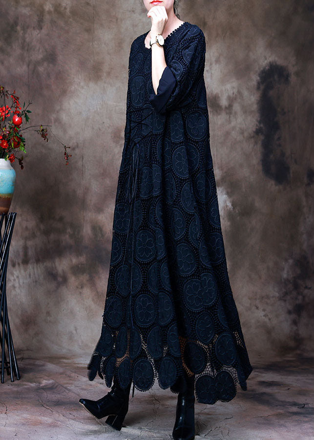 Comfy Navy O-necktie Waist Lace Fall Long Sleeve Holiday Dress