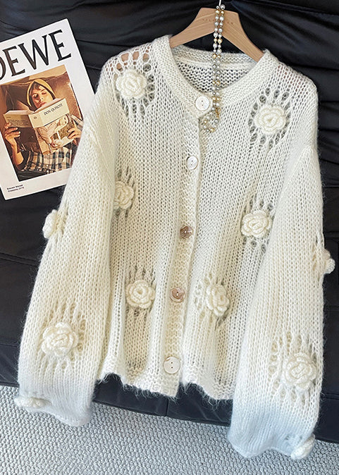 White Hollow Out Decorated Knit Cardigans Fall