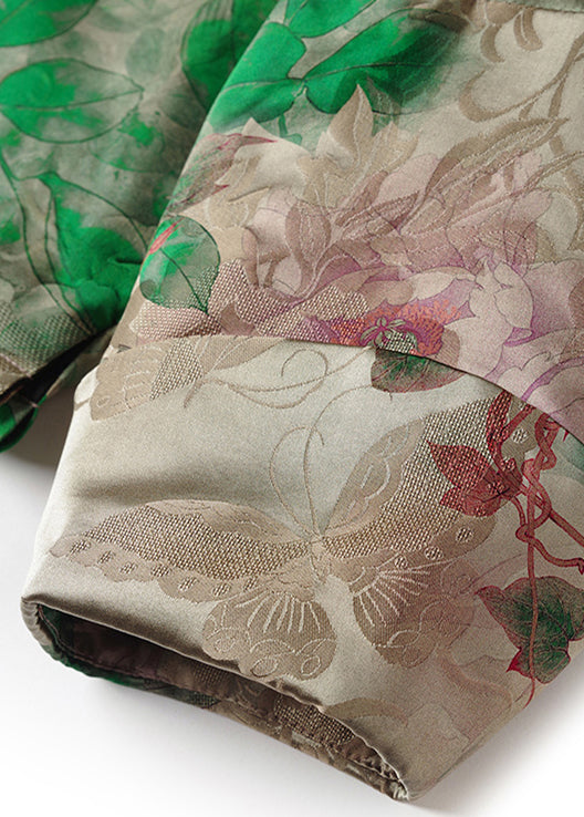 Green Stand Collar Chinese Button Print Cotton Filled Coats Spring