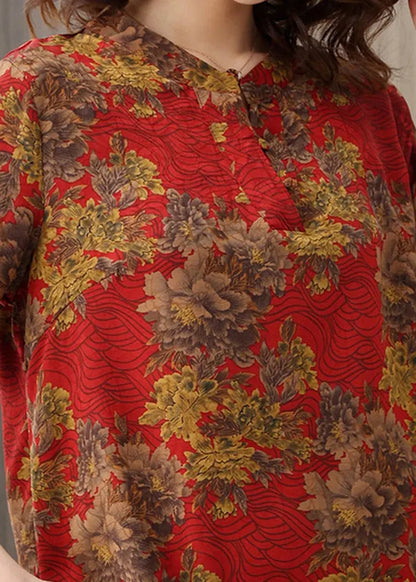 Red O-neck Print Silk Shirts Short Sleeve