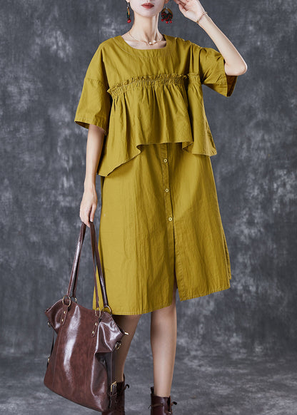 Green Ruffled Patchwork Cotton Fake Two Piece Dress Fall