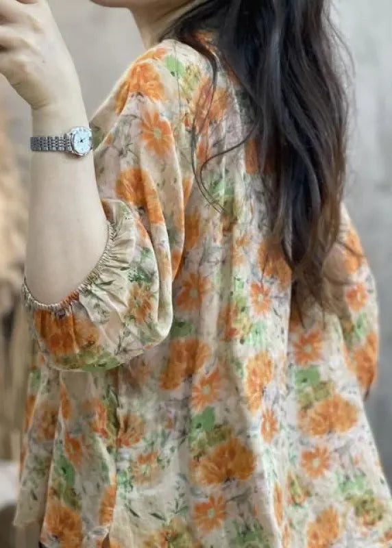 Handmade Orange Ruffled Print Cotton Top Bracelet Sleeve