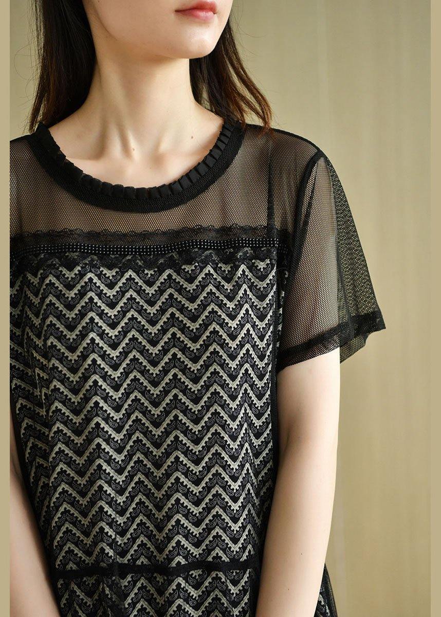 Black O-neck Tulle Patchwork Summer Long Dresses Short Sleeve