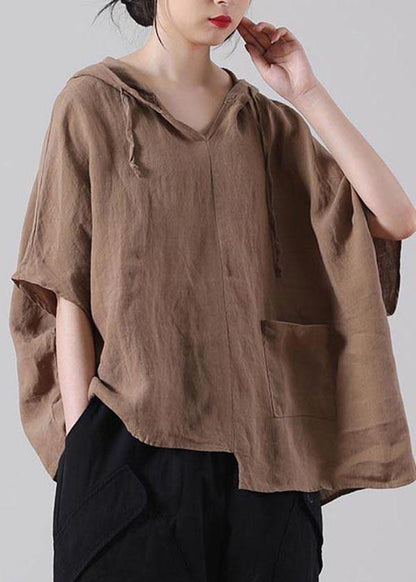 Handmade Khaki Loose Cotton Linen Shirt Tops Summer