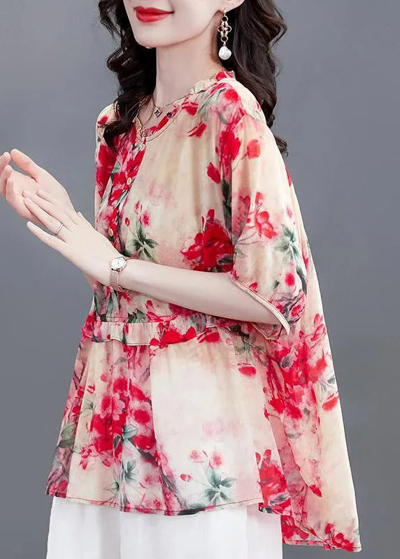 Modern Red Print O-neck Ruffled Chiffon Tops Half Sleeve