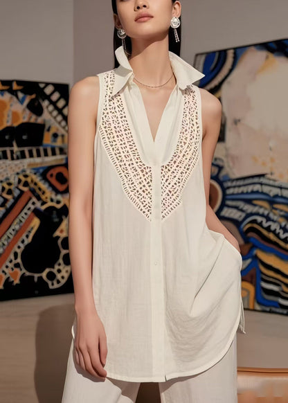 White V Neck Hollow Out Cotton Top Sleeveless