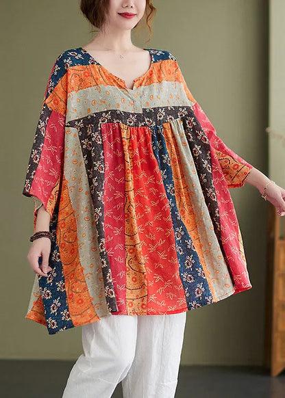 Rainbow V Neck Print Patchwork Fall Shirt Top Three Quarter Sleeve