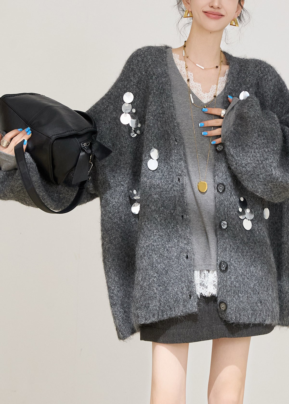 Grey Sequins Cotton Knit Cardigans Fall
