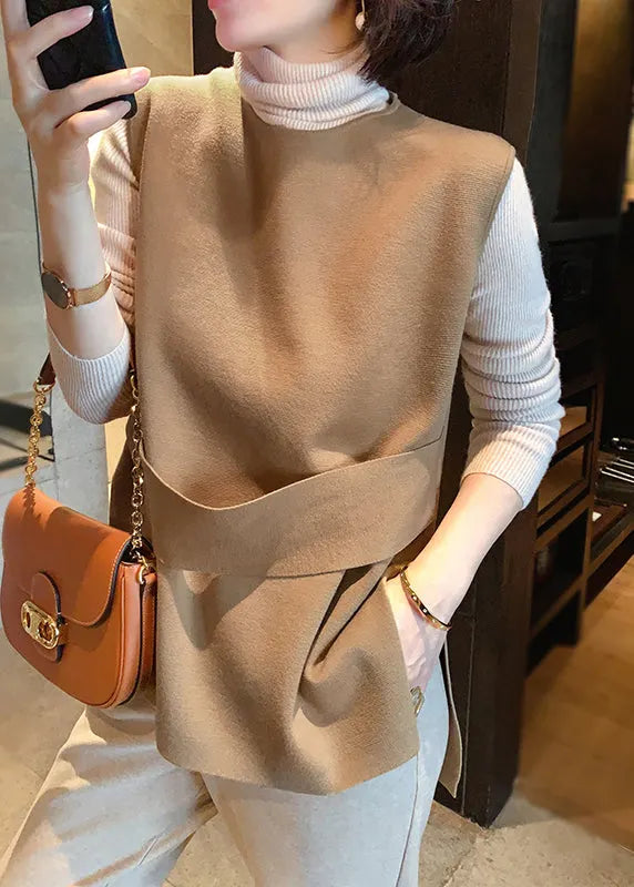 Handmade Camel Colour O-neck Sashes Woolen Waistcoat Sleeveless