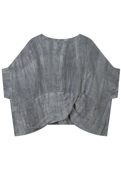 Classy Grey Asymmetrical Wrinkled Linen Two Piece Set Short Sleeve