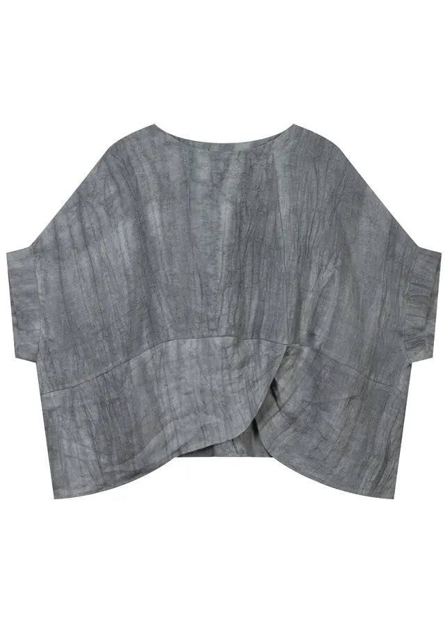 Classy Grey Asymmetrical Wrinkled Linen Two Piece Set Short Sleeve