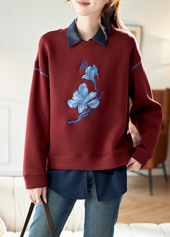 Red O-neck Embroidered Cotton Sweatshirt Spring