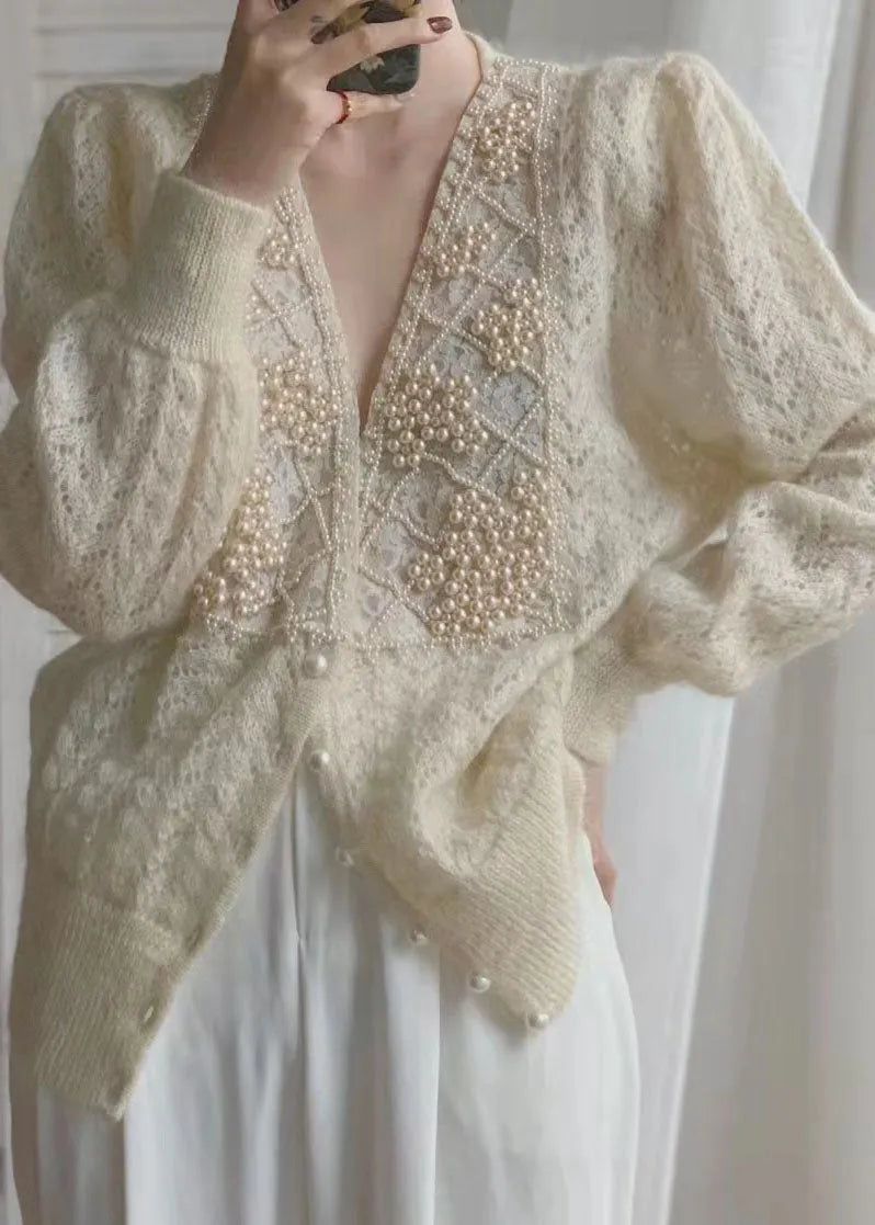Loose Beige V Neck Pearl Button Thick Ma Hai Mao Knit Coat Long Sleeve