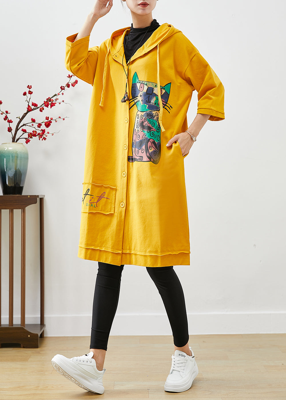 Yellow Hooded Cat Print Cotton Coat Outwear Fall