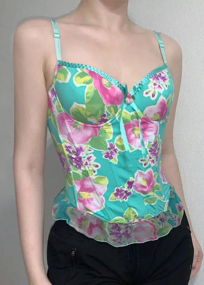 Green Print Tulle Patchwork Spaghetti Strap Tank Sleeveless