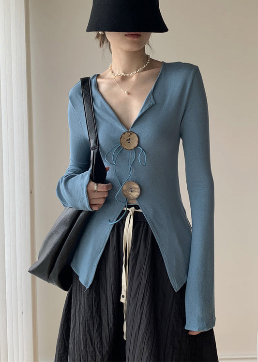 New Blue V Neck Knitting Cotton Tops Fall