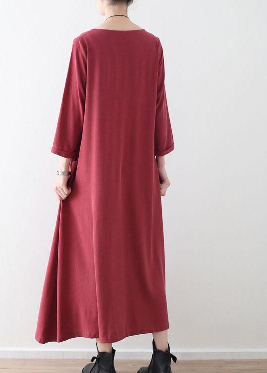 Handmade Red Pockets Long Sleeve Loose Dress Fall