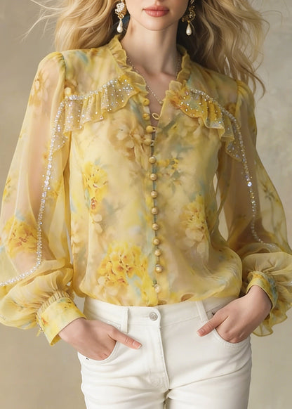 Handmade Yellow Ruffled Zircon Chiffon Button Shirt Spring