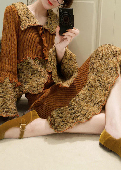 Unique Coffee Peter Pan Collar Ruffled Patchwork Cotton Knit Top and Maxi Skirts Two Pieces Set Flare Sleeve