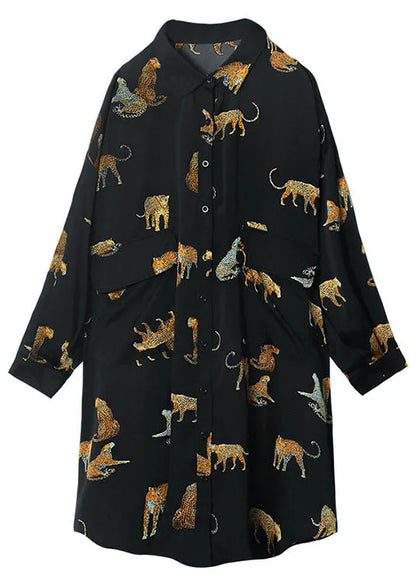 Black Peterpan Collar Button Pockets Print Fall Top Long Sleeve