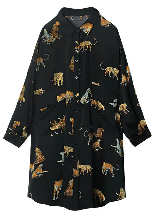 Black Peterpan Collar Button Pockets Print Fall Top Long Sleeve