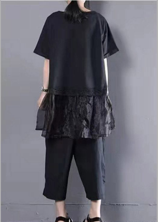 Black Oversized Organza Patchwork Top and Harm Pants Two Pieces Set Summer