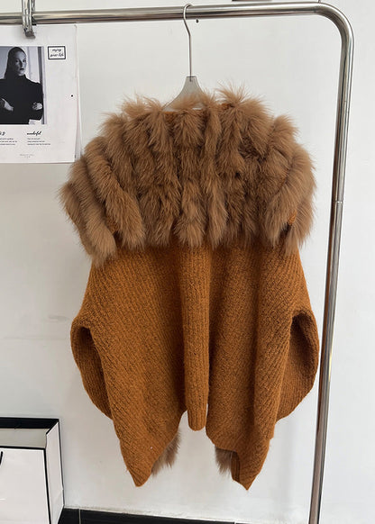 Brown Fox Collar Pockets Patchwork Knit Coats Fall