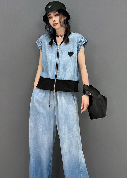 Blue Up V Neck Zip Coats and Long Pants Two Piece Set Summer