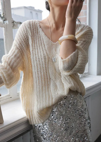Coffee V Neck Cotton Knit Sweater Spring