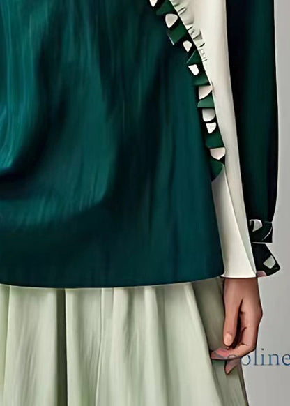 New Green O-neck Ruffled Patchwork Linen Tops Long Sleeve