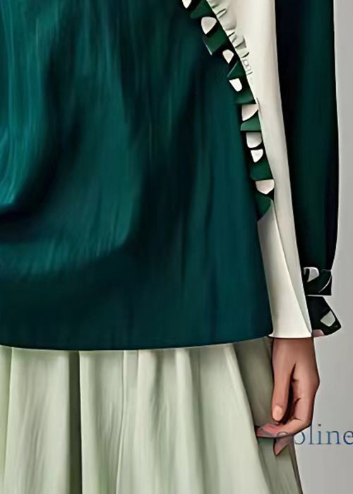 New Green O-neck Ruffled Patchwork Linen Tops Long Sleeve